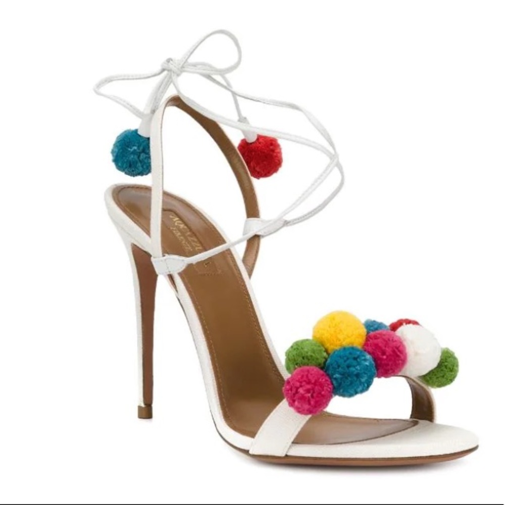 Aquazzura Raffia Pom Pom Sandals 105 NWT